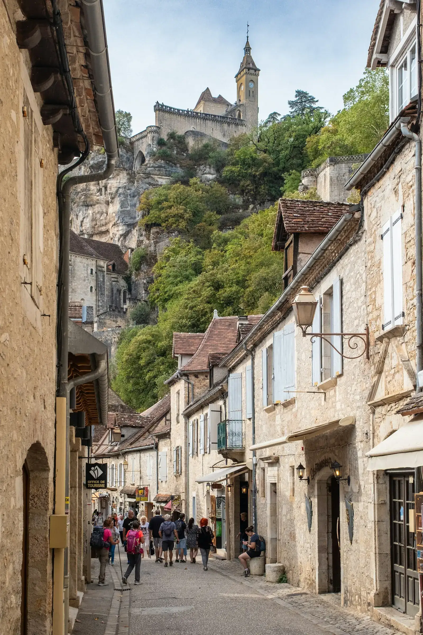 Rue de village ancien dominée par une tour